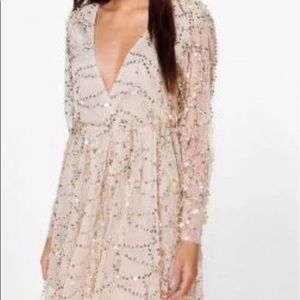 Dana Sequin Wrap Over Skater Dress